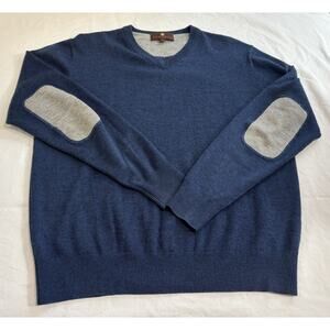 Toscano Men’s Sz M Sweater Merino Wool Blend V-neck Blue Gray Elbow Patch Preppy
